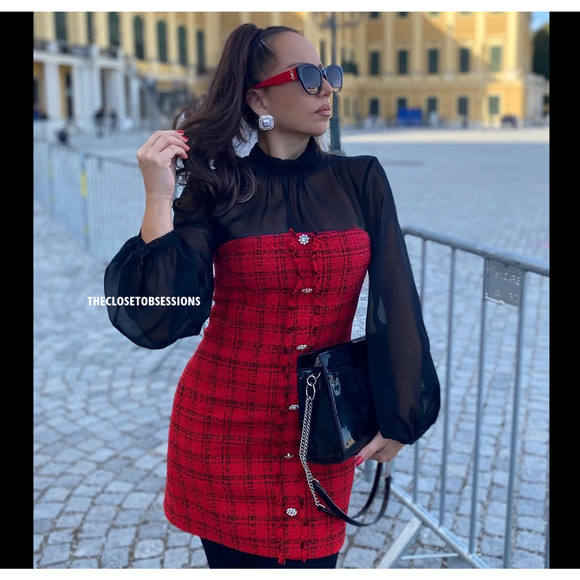 ZARA Fitted Textured Tweed Dress NWT | Red Black Blogger Favorite - Picture 11 of 16